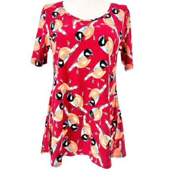 LuLaRoe Perfect Tee Top Womens M Red Bird Print Short Sleeve Casual Stretchy - Picture 1 of 10